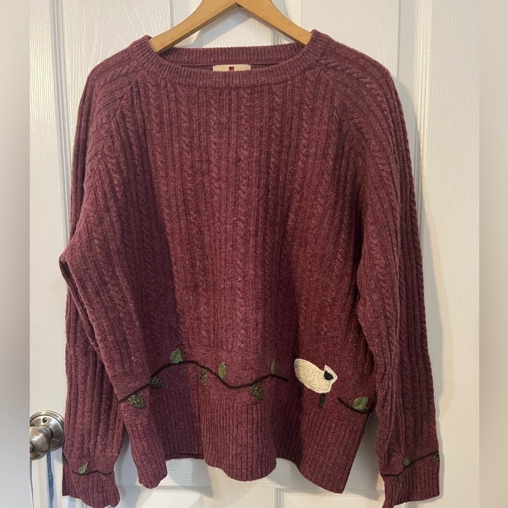 Woolrich Maroon Cable Knit Crewneck Sweater with Embroidered Sheep